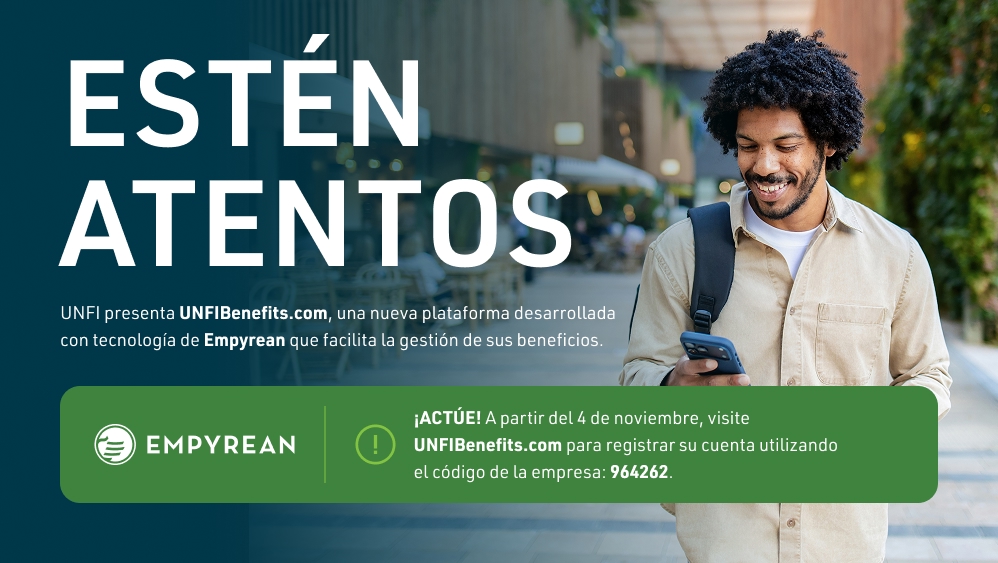 This is an image of a man walking down the sidewalk looking at his phone.  There is text that is laid over that image with the folloing information. STAY TUNED: UNFI is introducing UNFIBenefits.com, a new platform built on Empyrean that makes it easy to manage your benefits.TAKE ACTION! Starting November 4, go to UNFIBenefits.com to register your account using company code 964262.