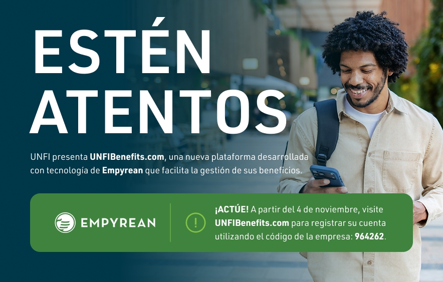 This is an image of a man walking down the sidewalk looking at his phone.  There is text that is laid over that image with the folloing information. STAY TUNED: UNFI is introducing UNFIBenefits.com, a new platform built on Empyrean that makes it easy to manage your benefits.TAKE ACTION! Starting November 4, go to UNFIBenefits.com to register your account using company code 964262.